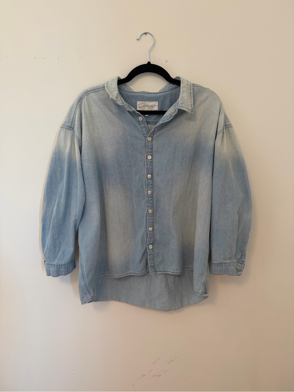 THE GREAT. Oversized & distressed denim button down